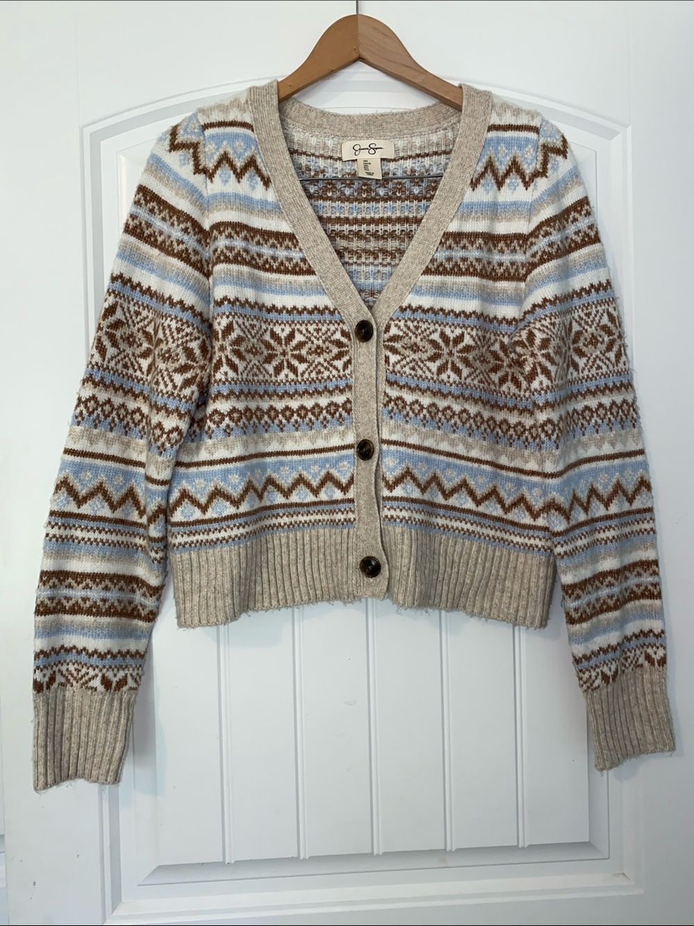 Jessica Simpson Beige, Brown and Light Blue  Button Cropped Cardigan size Large